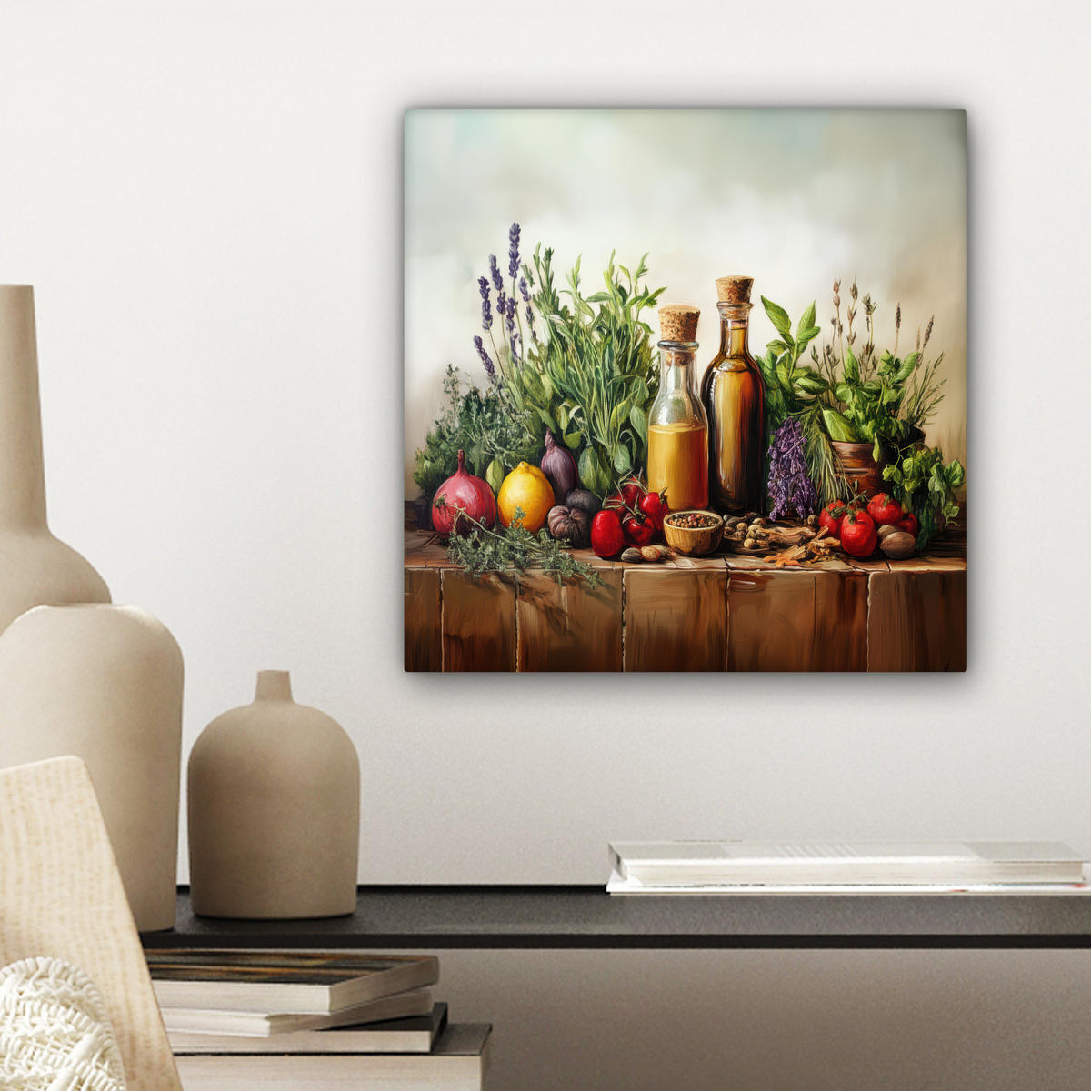 LEINWANDBILD Stilleben - Kräuter - Gewürze - Früchte - Farbenfroh Deko Wohnzimmer 20x20 cm - Grün, Textil (20/20cm) - MuchoWow