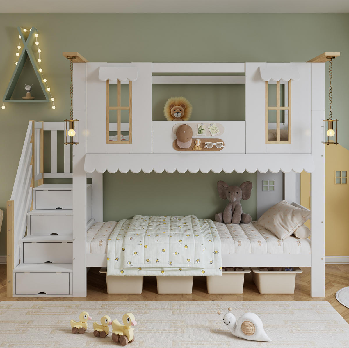 POSCHODOVÁ posteľ 90/200 cm biela/prírodná z masívneho dreva a MDF s úložnými schodmi - biela, drevo (90/200cm) - OKWISH