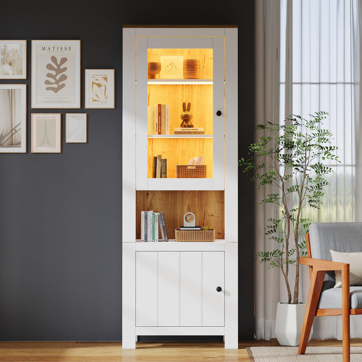 VITRINE LED Hochschrank Glas 188cm 6 Böden Weiß Holzoptik - Weiß, Holzwerkstoff (70/188/40cm) - FLIEKS