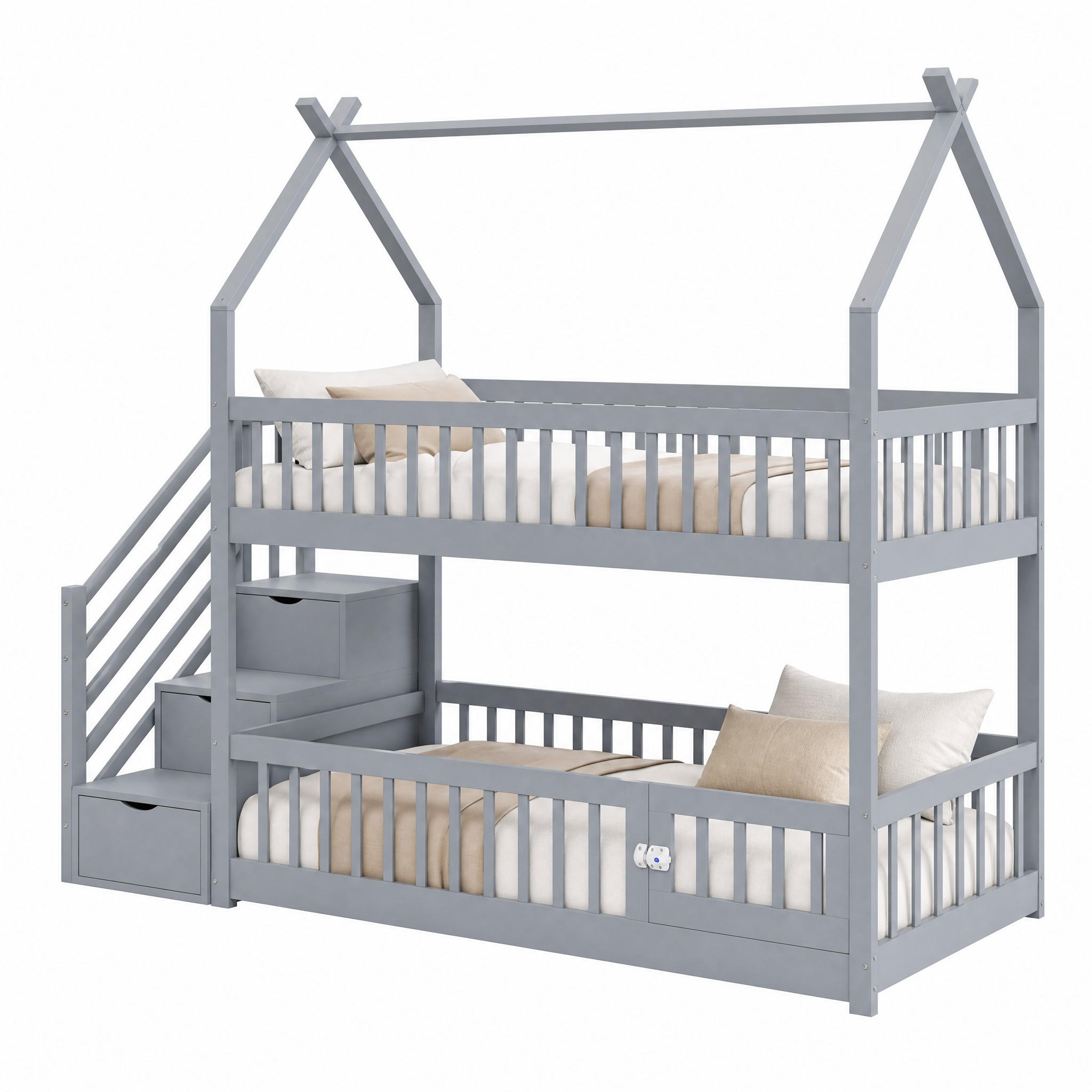 ETAGENBETT mit Treppe und Schubladen 90x200 cm Massivholz Grau - Grau, Holz (90/200cm) - Meubliv