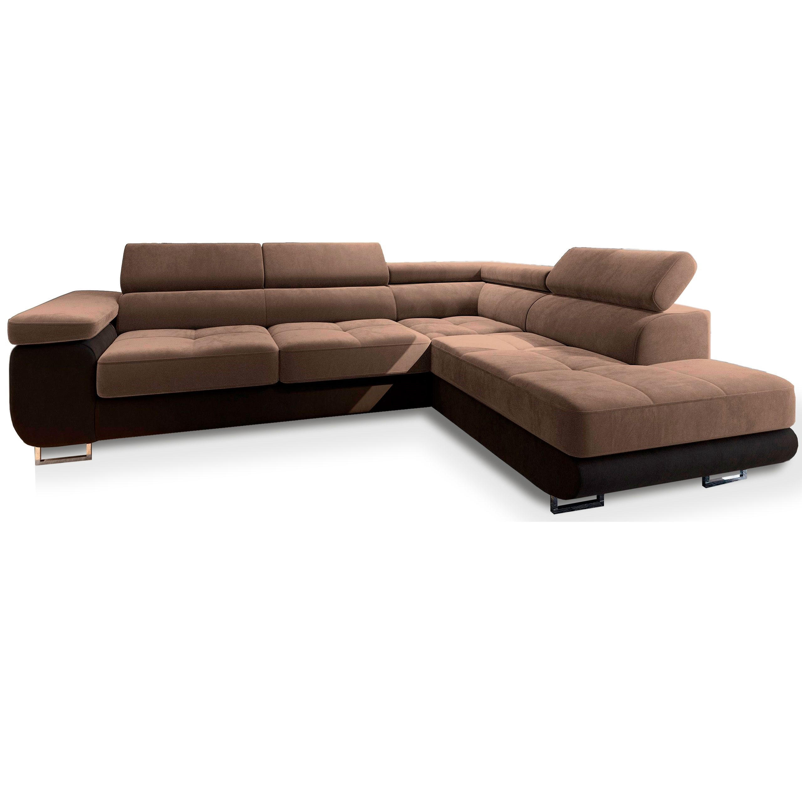 ECKSOFA SELVA R-S Beige Velours-Stoff mit Schlaffunktion - Beige, Holz (275/202cm) - MASSENO