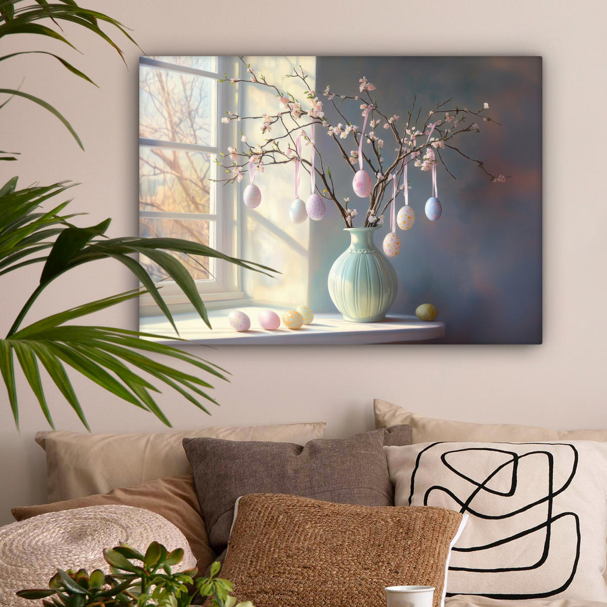 LEINWANDBILD Stillleben - Vase - Osterzweig Wandbilder 80x60 cm - Hellblau, Textil (80/60cm) - MuchoWow