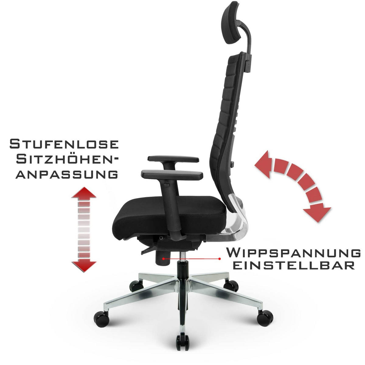 CHEFSESSEL V1301 Stoff Schwarz - ergonomisch, 150 kg belastbar, Sitzhöhe 51-63cm - Schwarz, Kunststoff/Textil (65/134/69cm) - Versee