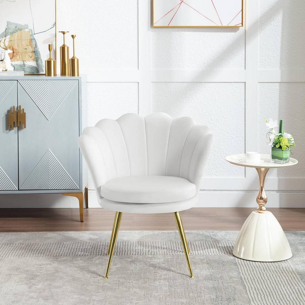RELAXSESSEL Blumenform, Samtbezug, Weiß+Gold - Goldfarben/Weiß, Textil/Metall (68/75/62cm) - Woltu