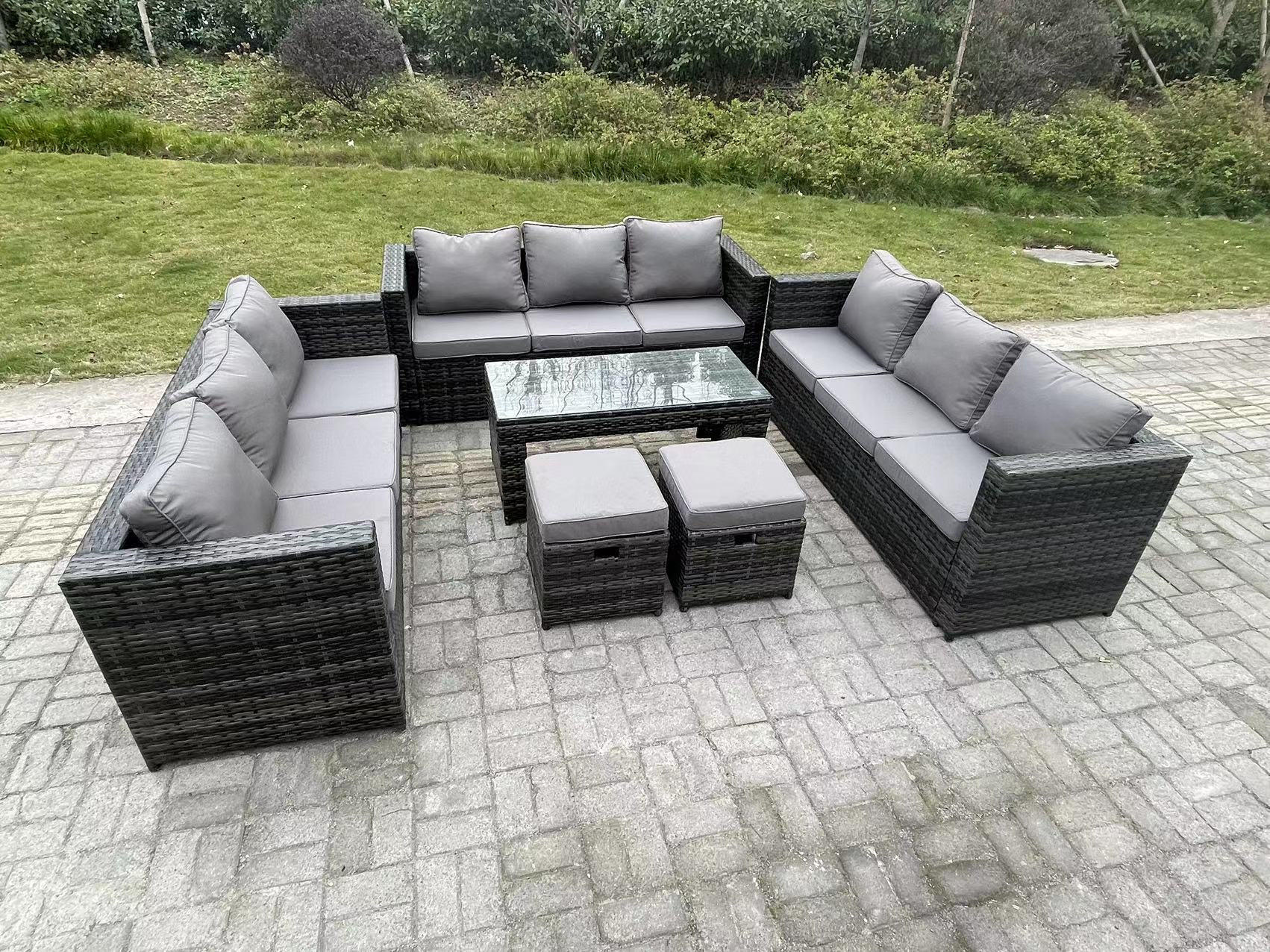 GARTENSET Polyrattan 11-Sitzer - Dunkelgrau/Grau, Glas/Kunststoff - Fimous