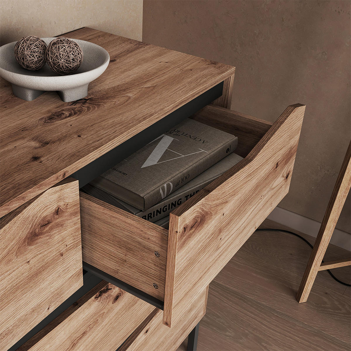 SIDEBOARD Elvano, Eiche/Schwarz, 140 x 85 cm mit 7 Schubladen - Eichefarben/Schwarz, Holzwerkstoff (140/85/39cm) - Vicco