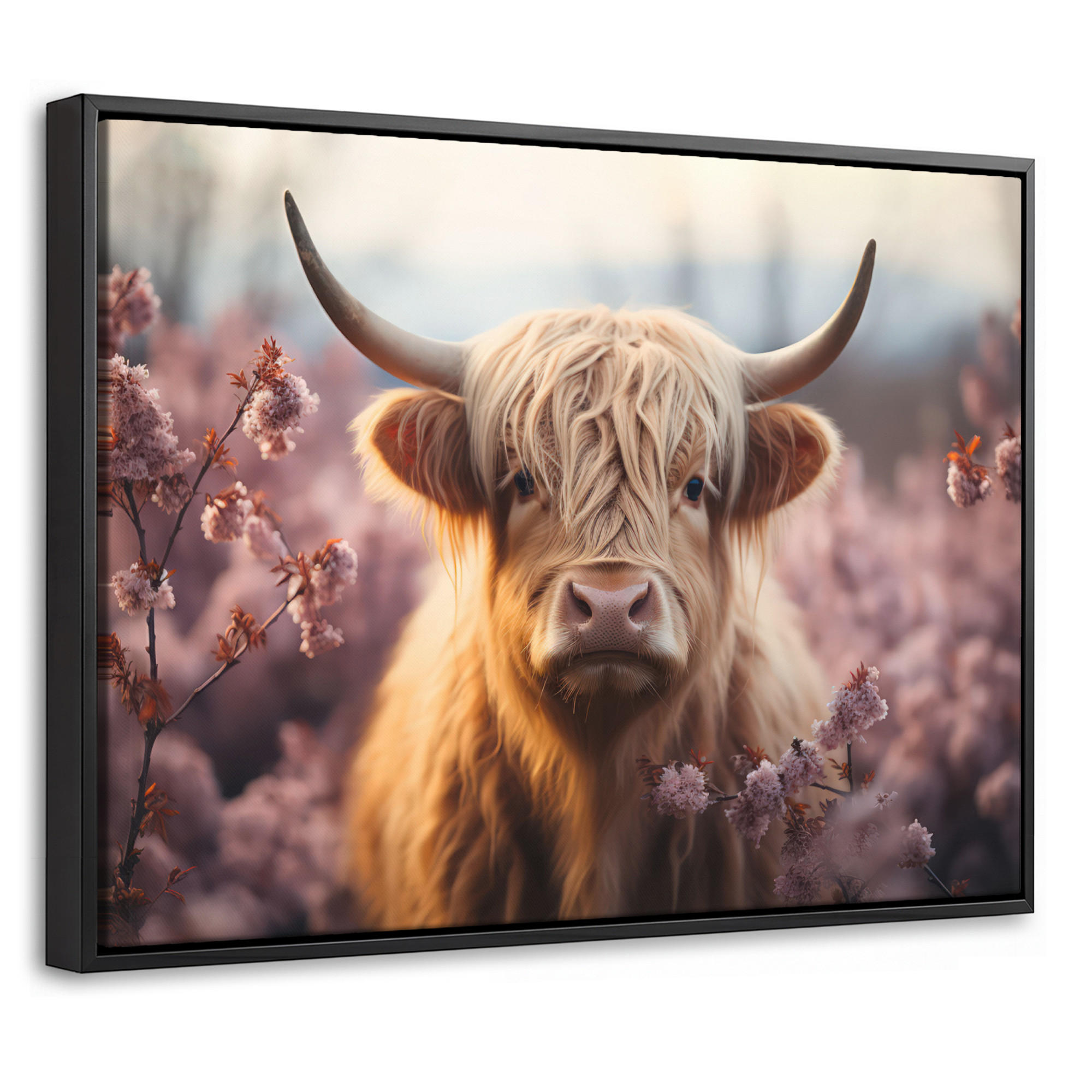 LEINWAND Bilder mit Rahmen - Schottischer Hochländer - Frühling - Hochland - 40x30 - Hellrosa, Textil (40/30cm) - MuchoWow
