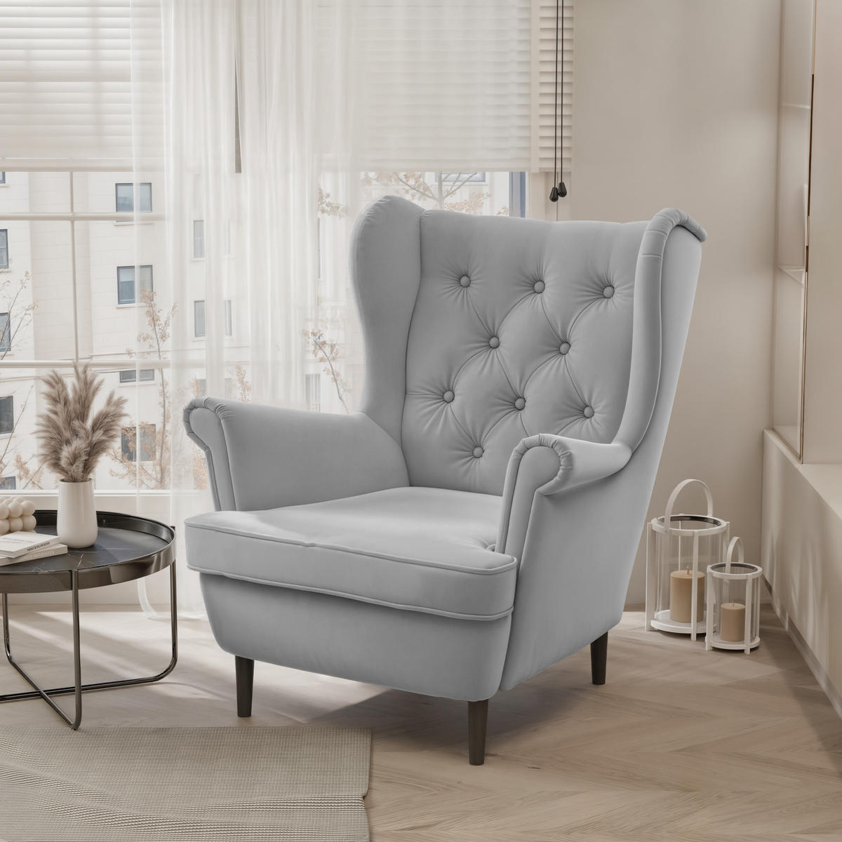 OHRENSESSEL SCANDI - Grau, Holz (75/103/60cm) - Idohome