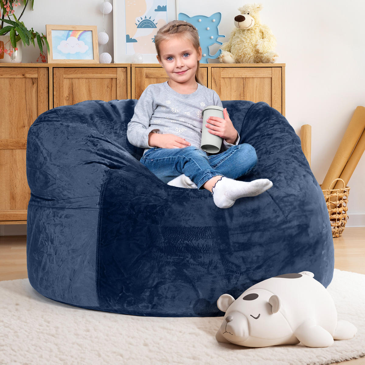 RIESEN-SITZSACK XXL JUMBO Velours 3ft - Dunkelblau, Textil (105/65/105cm) - Green Bean