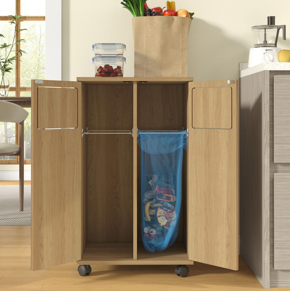 SKRINKA na odpad z MDF 46,7x35x80,3 cm prírodná s 2 priehradkami, kolieskami a 180° dvierkami - prírodná farba, kompozitné drevo (46/80/35cm) - Modfu