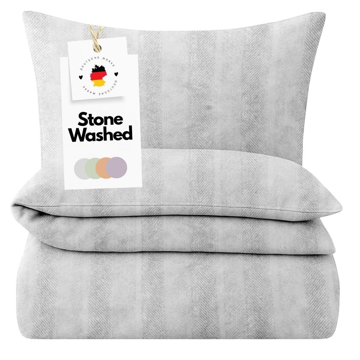 BETTWÄSCHE Stone Washed 155x220 cm aus 100% Baumwolle, Renforce Bettbezug im gestreiften Used Look - 155 x 220 Grau - Grau, Textil (155/220cm) - Carpe Sonno