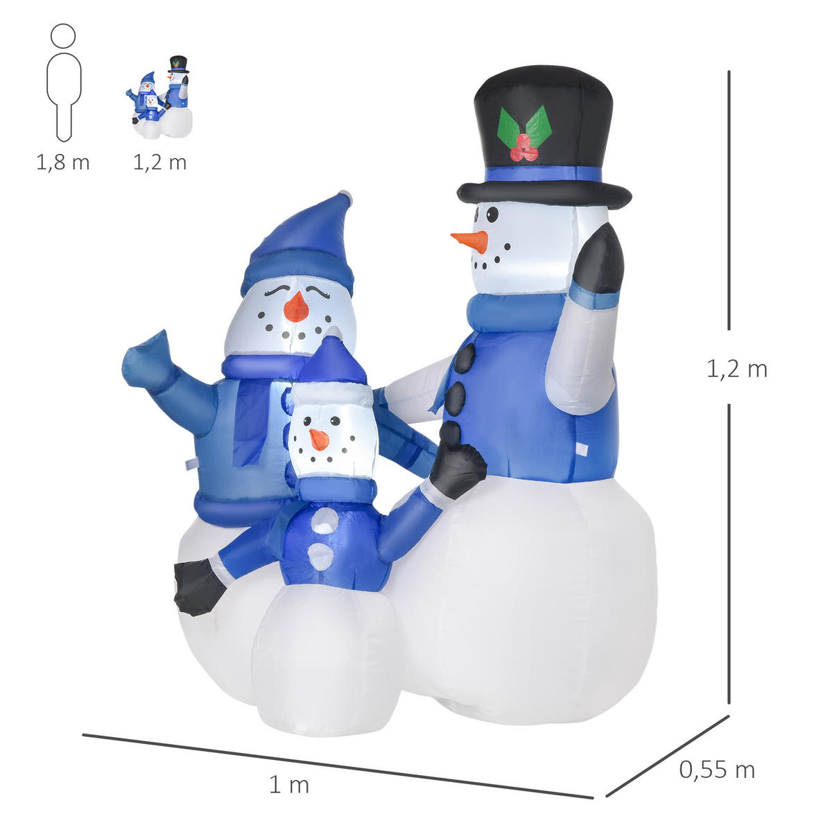 SCHNEEMANN Familie Selbstaufblasbare Dekoration LED mit Gebläse Blau - Multicolor, Kunststoff (55/120/100cm) - HOMCOM