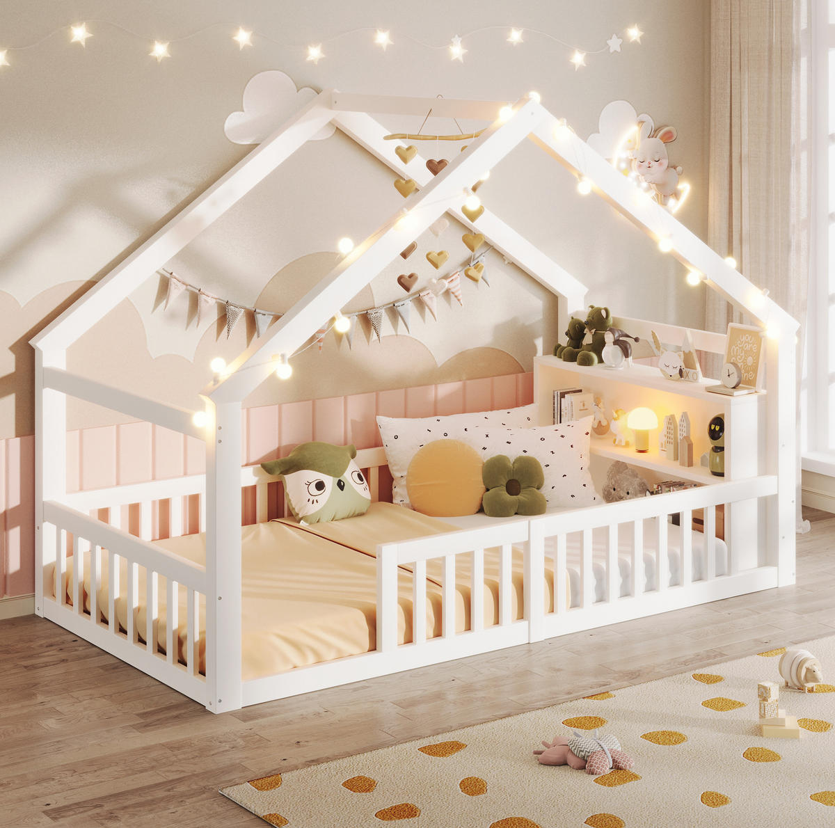 HAUSBETT 90/190 cm Weiß mit Schutzgitter und Regal - Weiß, Holz (90/190cm) - MIVRAY