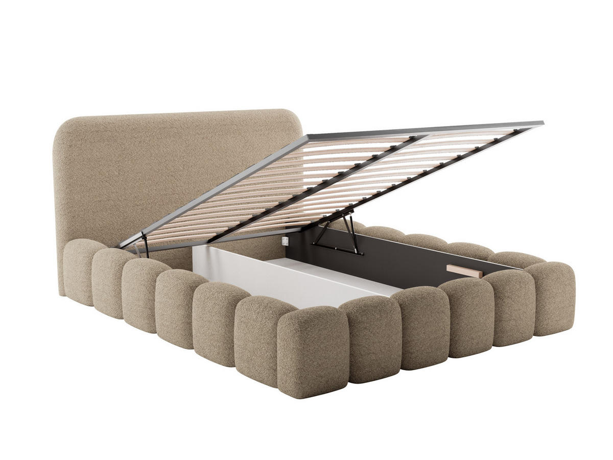 POLSTERBETT MONI 160x200 mit Bettkasten und Lattenrost – Bouclé Stoff MONTE Taupe - Weiß, Textil (160/200cm) - Luxkor24