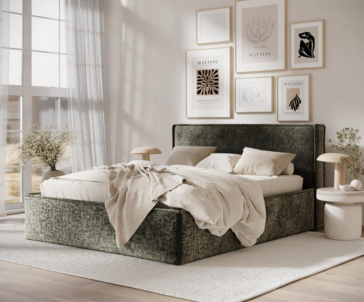POLSTERBETT Lounge Olivenfarbe 180/200 cm im Chenille-Stoff - Naturfarben/Olivgrün, Holz/Holzwerkstoff (180/200cm) - Maison de Reve