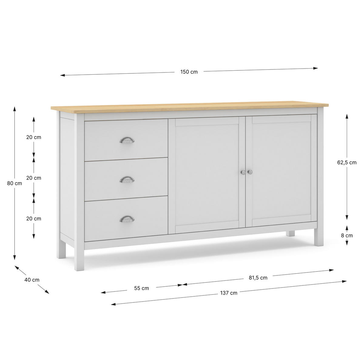 KOMMODE Misti Weiß 150/40/80.5 cm - Weiß, Holz (40/80.5/150cm) - Calicosy