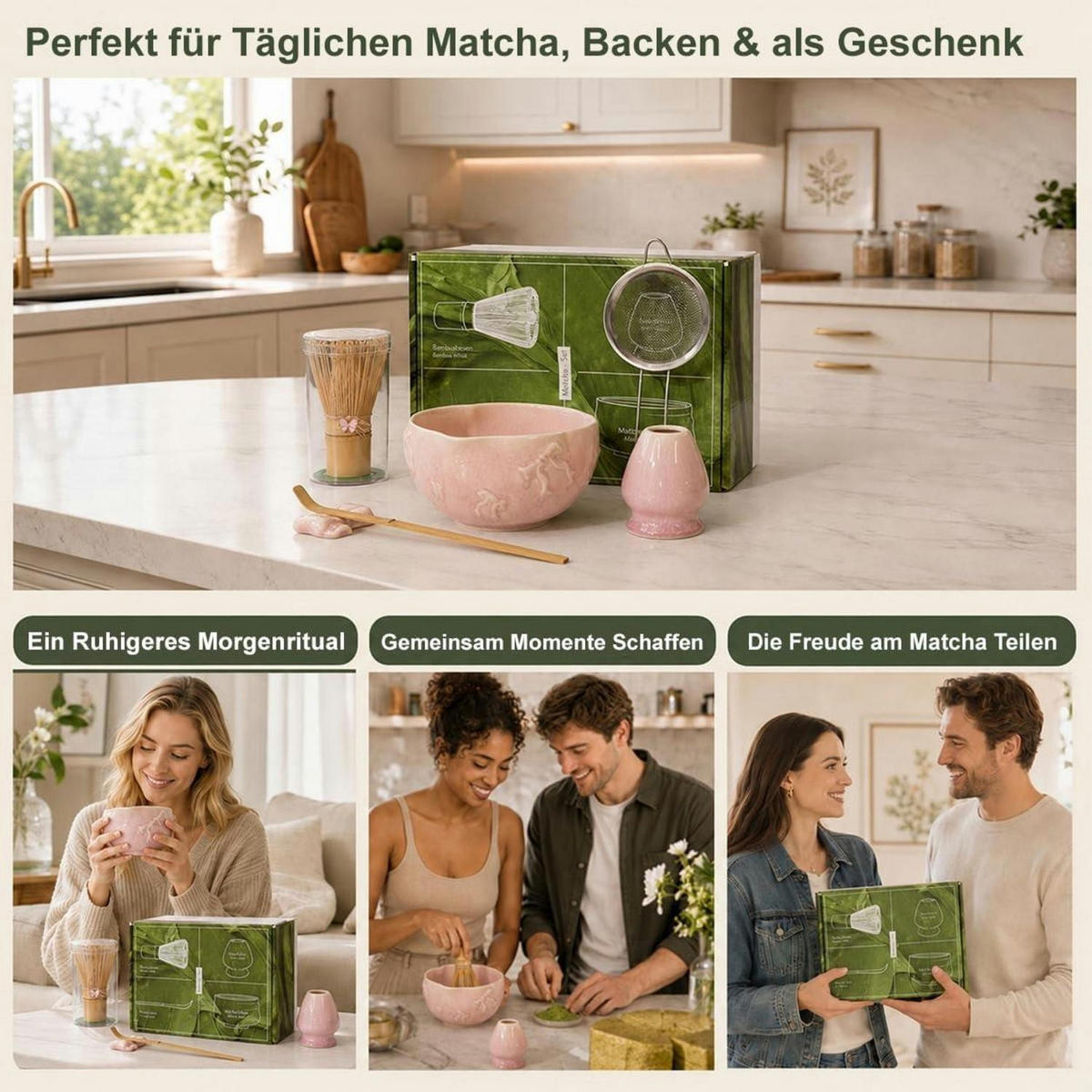 MATCHA Set 7-teilig Keramik mit Bambus Besen und Ausgießer Schale Rosa - Rosa, Keramik (20/13/30cm)