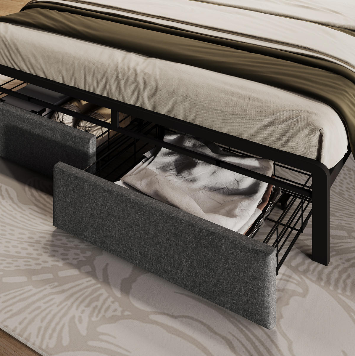 MULTIFUNKTIONSBETT 140/200 cm grau mit Stauraum-Kopfteil und LED-Beleuchtung - Grau, Textil (160/200cm) - OKWISH
