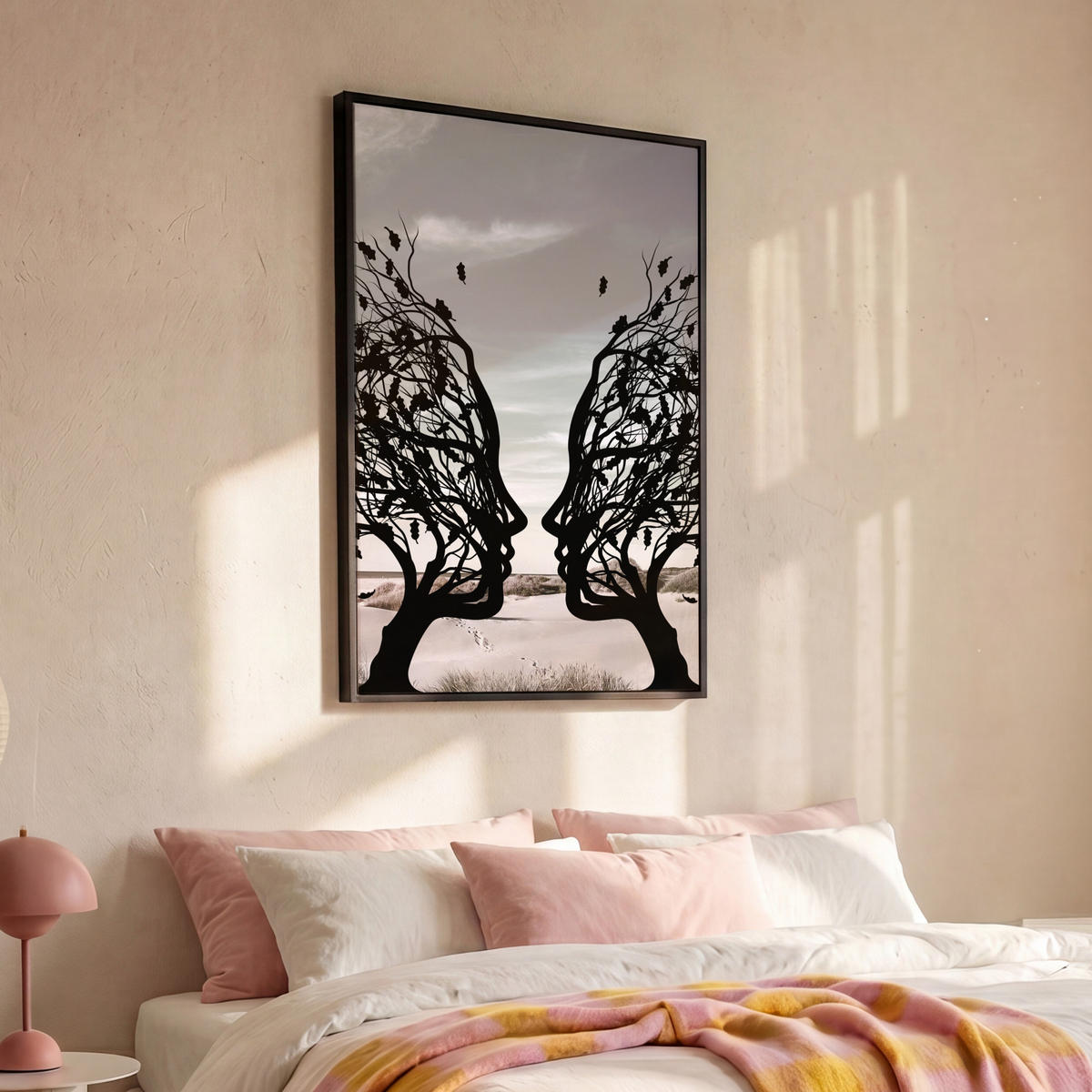 LEINWAND Bilder mit Rahmen - Strand - Meer - Menschen - Baum - Moderne Kunst - 80x120 - Hellgrau, Textil (80/120cm) - MuchoWow