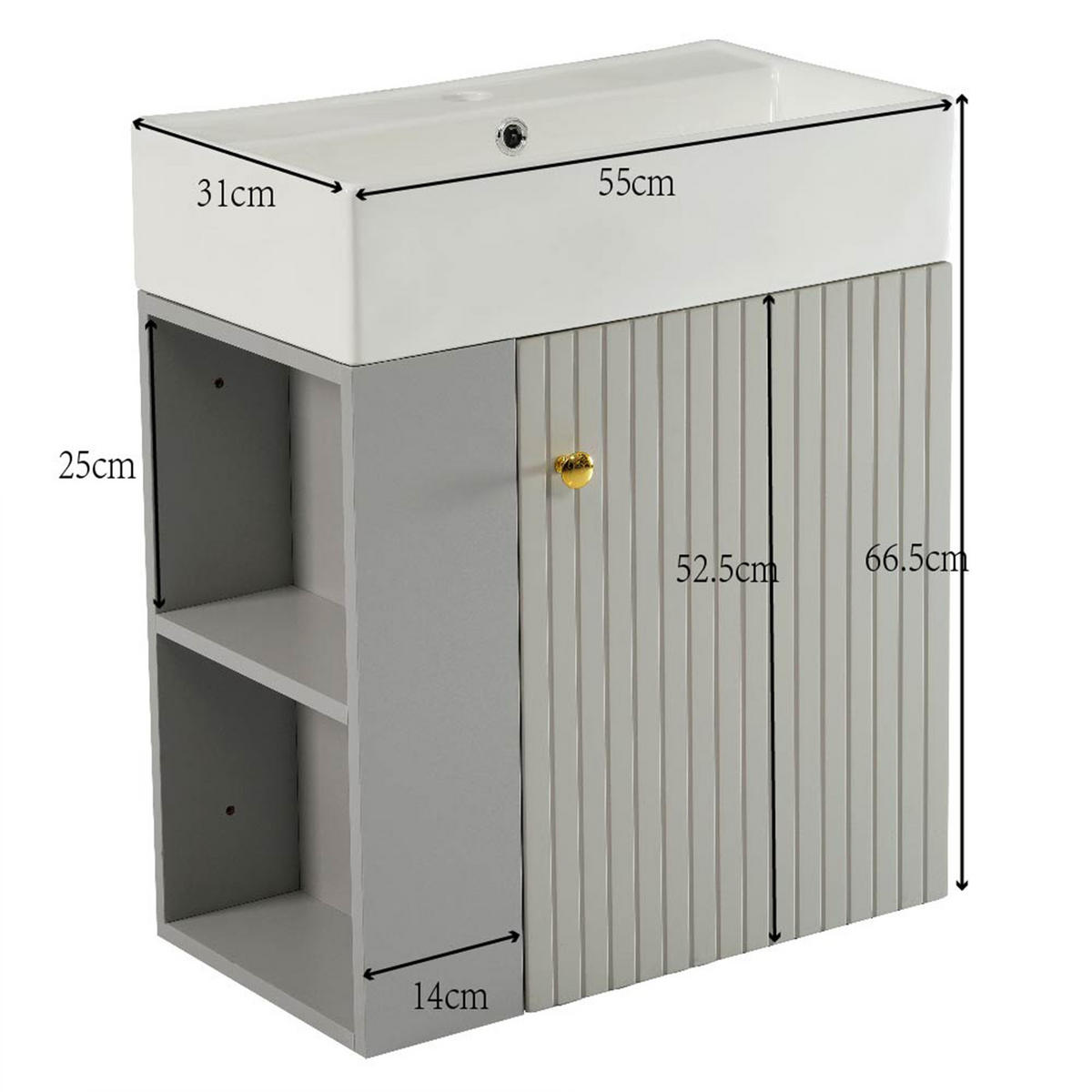 BADEZIMMERSCHRANK 55x31x66.5 cm Grau & Weiß aus Kunststoff mit Keramikbecken & 3D-Paneel - Grau, Holzwerkstoff (55/66.5/31cm) - Modfu
