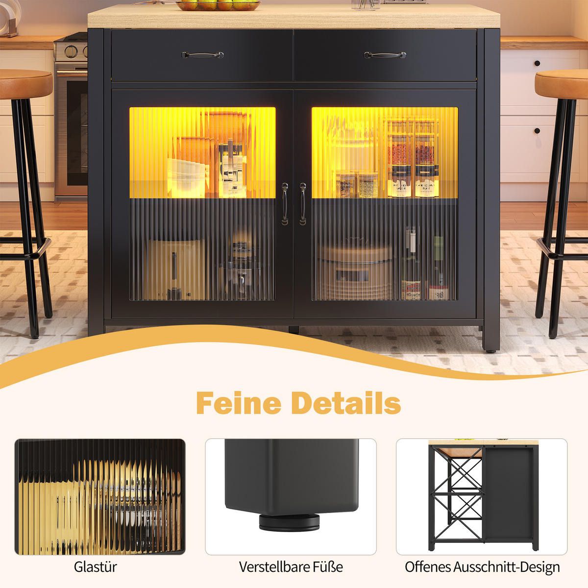 KÜCHENINSEL 100/80/90 cm Schwarz mit 2 Schubladen, LED-Lichtleiste und verstellbare Füße - Schwarz, Holz/Holzwerkstoff (110/91/40cm) - Oxeza