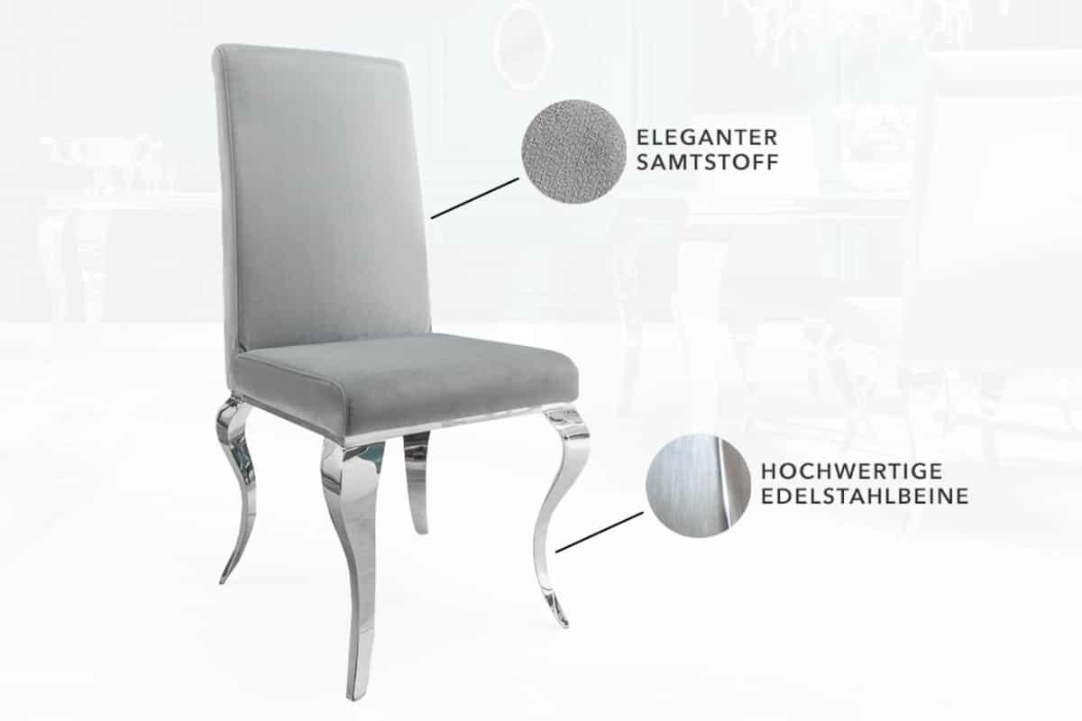 STUHL MODERN BAROCK Samt Edel-Grau 105 cm - Silberfarben/Grau, Textil/Metall (45/104/64cm) - riess-ambiente