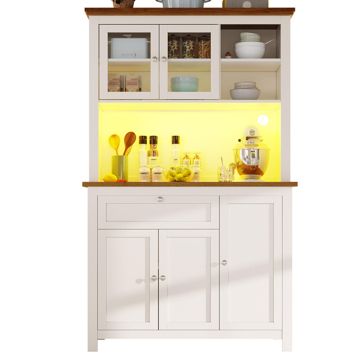 KÜCHENSCHRANK weiß 180cm, 104/180/40 cm, MDF, Weiß, MIT LED-BELEUCHTUNG, MIT SCHIEBETÜR, für Esszimmer und Küche - Weiß, Holzwerkstoff (40/180/104cm) - Rolipo