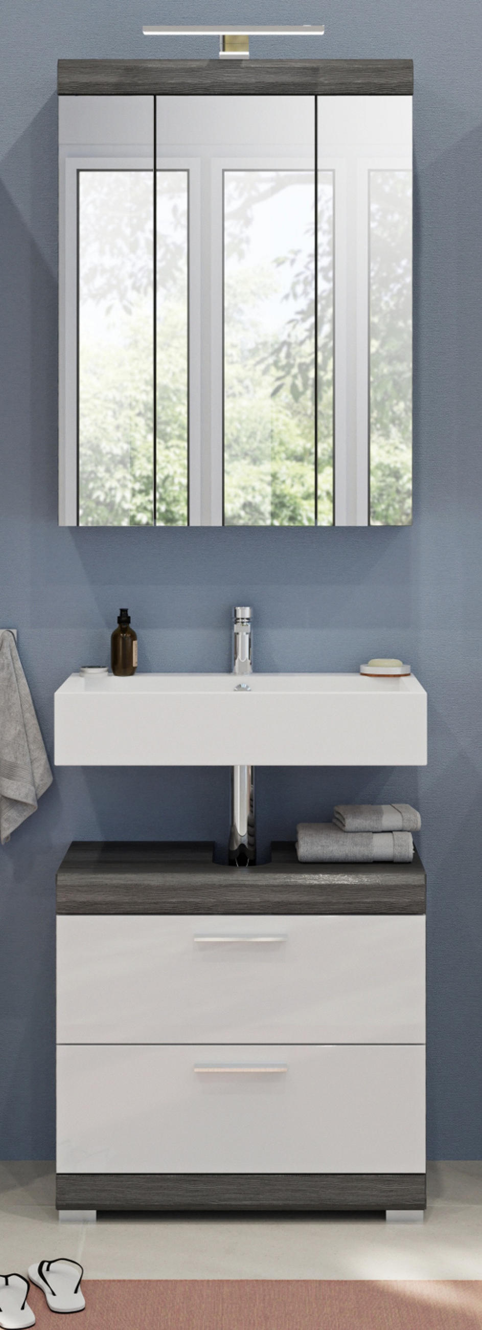 BADMÖBEL-SET weiß Hochglanz, grau 2-teilig 60 cm, Kombination mit Spiegelschrank - Weiß Hochglanz/Grau, Holzwerkstoff (60/191/34cm) - Inn.Furn