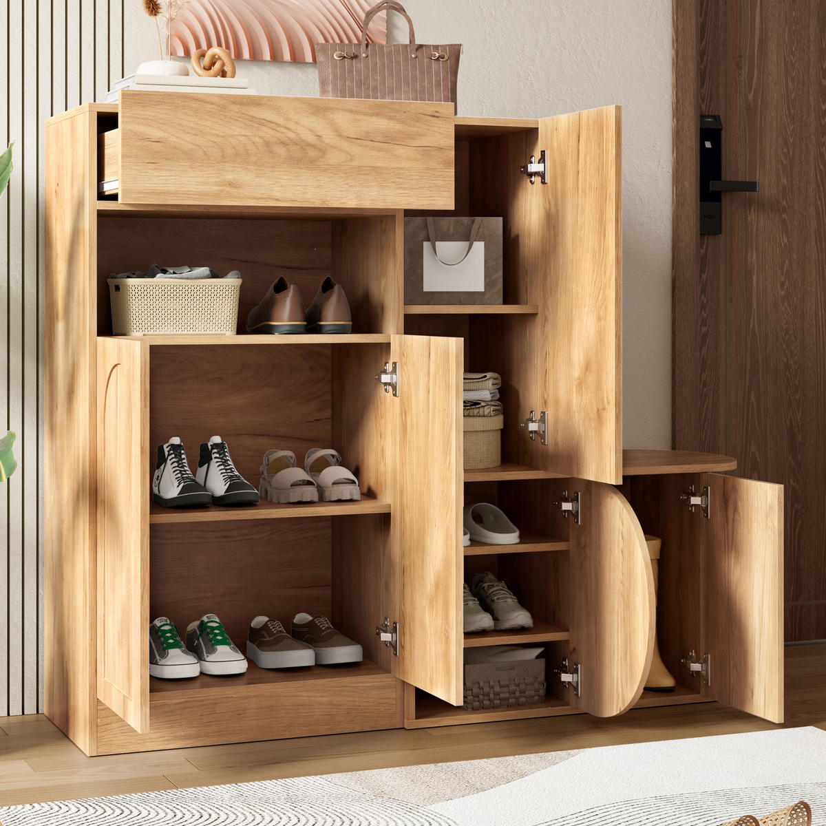SCHUHSCHRANK mit Sitzbank 5 Türen Stauraum Natur Modern - Naturfarben, Holzwerkstoff (130/110.5/35cm) - FLIEKS