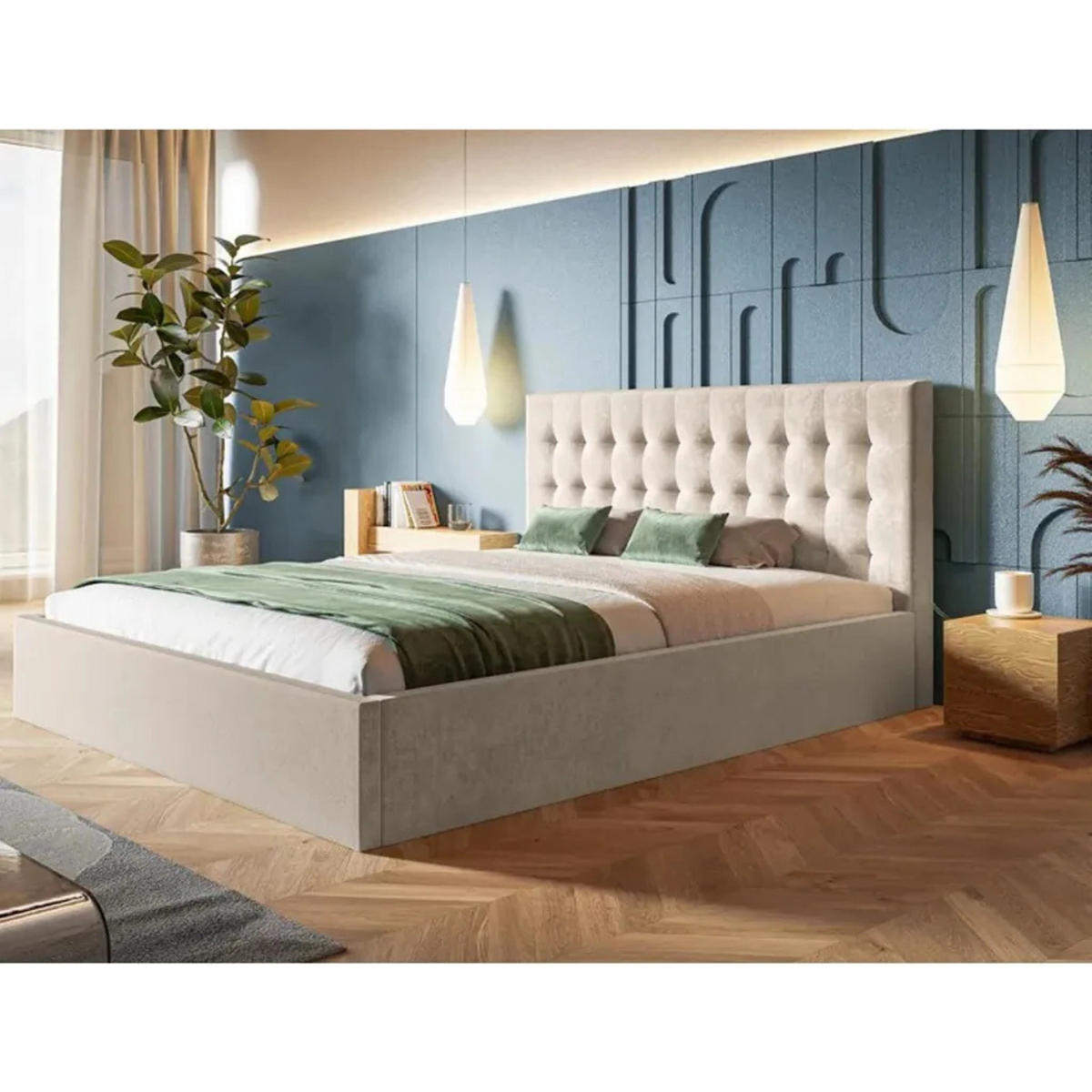 POLSTERBETT SIM 2 mit Kopfteil, 180 x 200 cm mit Bettkasten und Lattenrost aus Holz, Velourstoff, Farbe: Beige - Beige, Holz/Kunststoff (180/200cm) - Sepro Meble