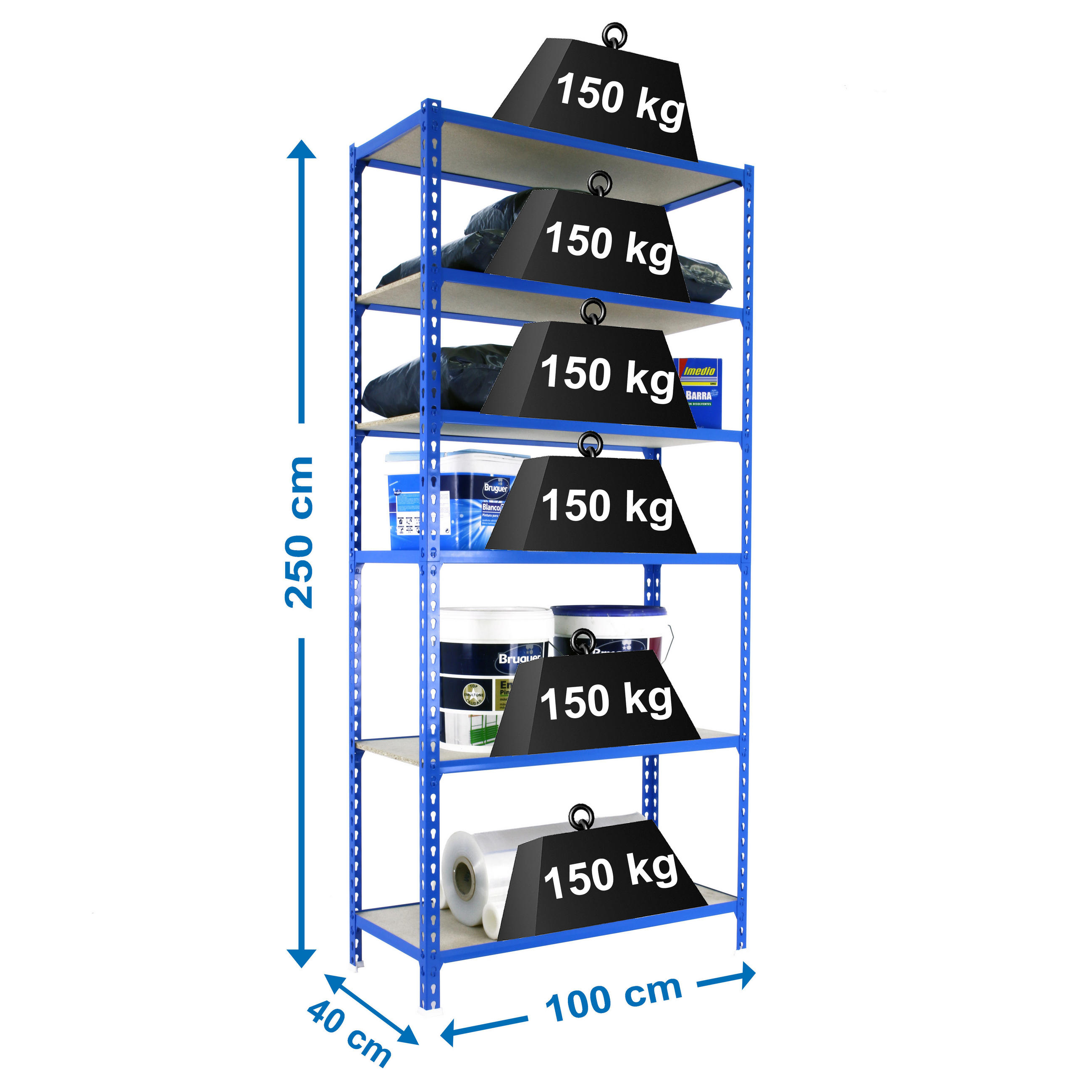 SCHWERLASTREGAL Giant Muli HxBxT 250 x 100 x 40 cm 6 Fachböden Fachlast 150 kg Blau - Blau, Metall (100/250/40cm) - PROREGAL