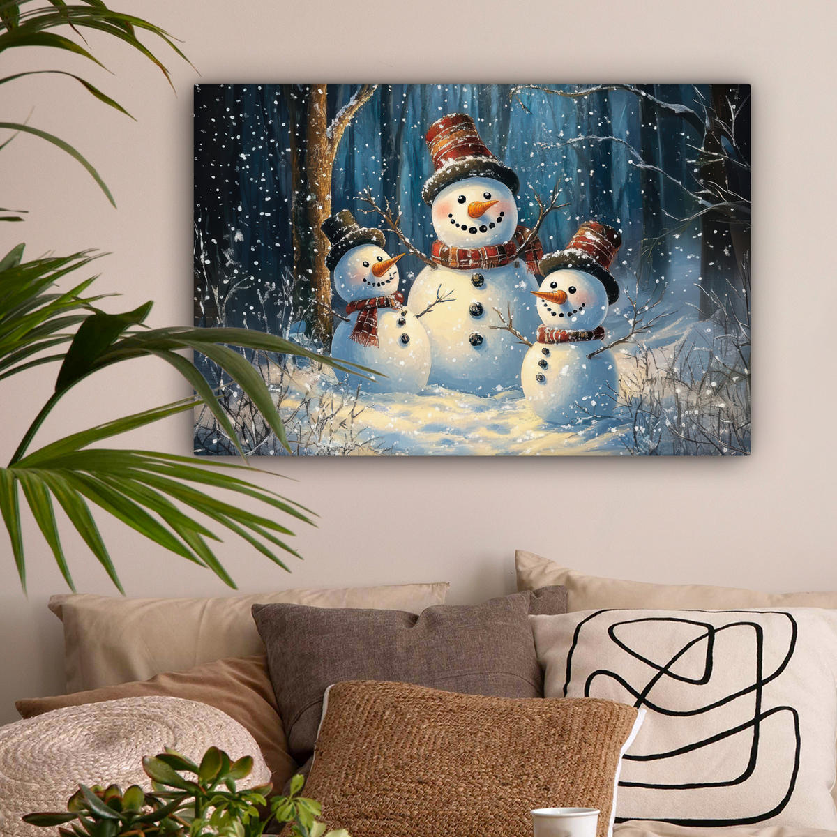 LEINWANDBILD Schneemann - Schnee - Winter - Wald Wanddeko 90x60 cm - Hellblau, Textil (90/60cm) - MuchoWow