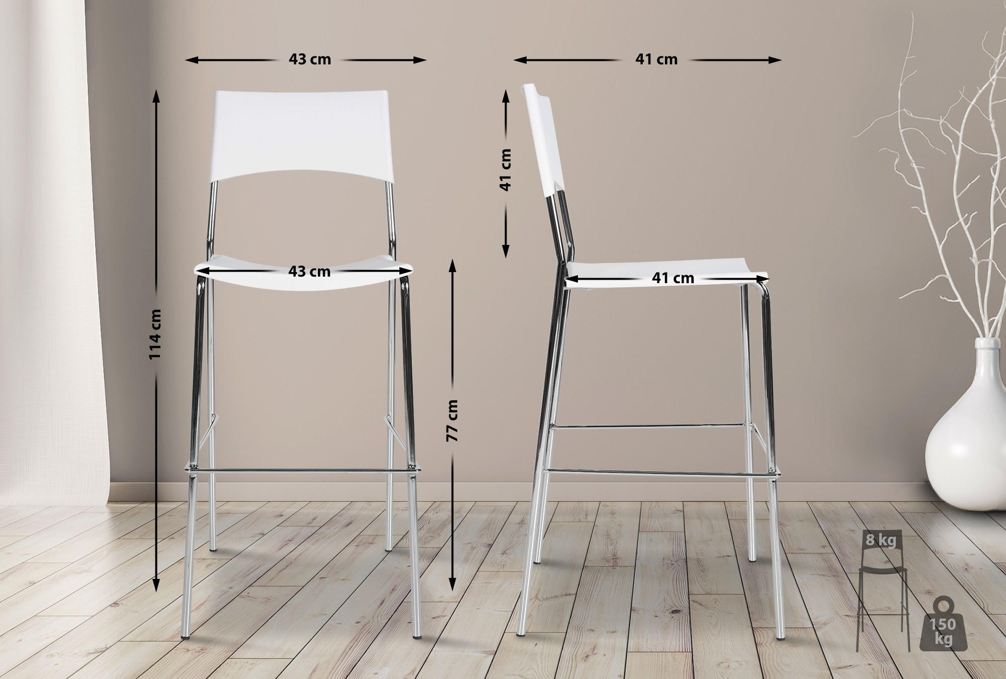 BARHOCKER Metall weiß - Chromfarben/Weiß, Metall (43/114/41cm) - CLP