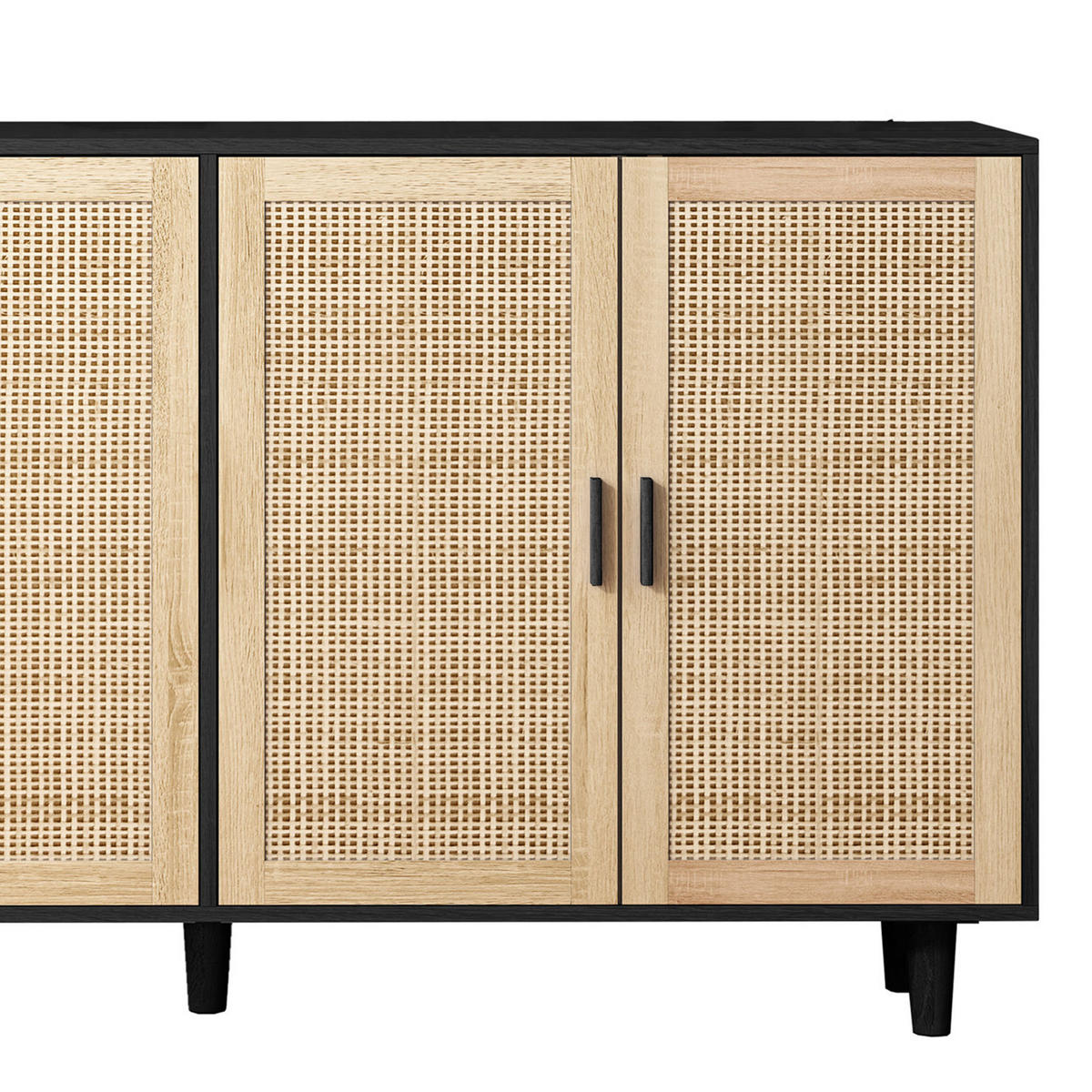 KOMODA dřevěný materiál v černé barvě s ratanovými čely, 4 dvířka - černá, kompozitní dřevo (158/88/40cm) - Urban Meuble