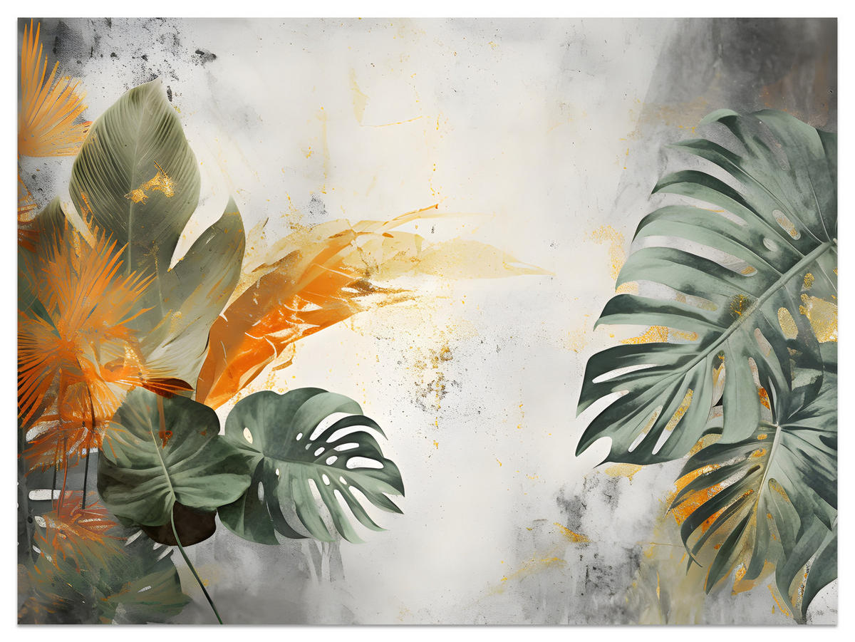 FOTOTAPETE für Schlafzimmer Tropen Monstera Beton Natur Blätter 200x140 - Beige/Orange, Papier (200/140cm) - Muralo
