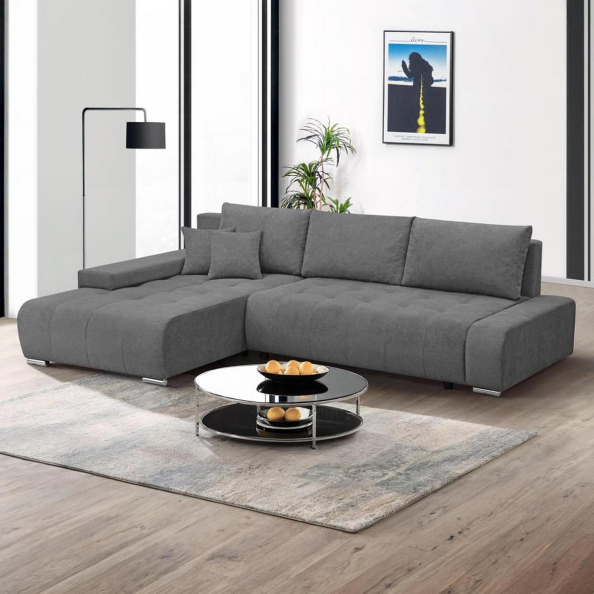 ECKSOFA Draco L dunkelgrau links - Chromfarben/Dunkelgrau, Textil/Metall (267/186cm) - Beautysofa