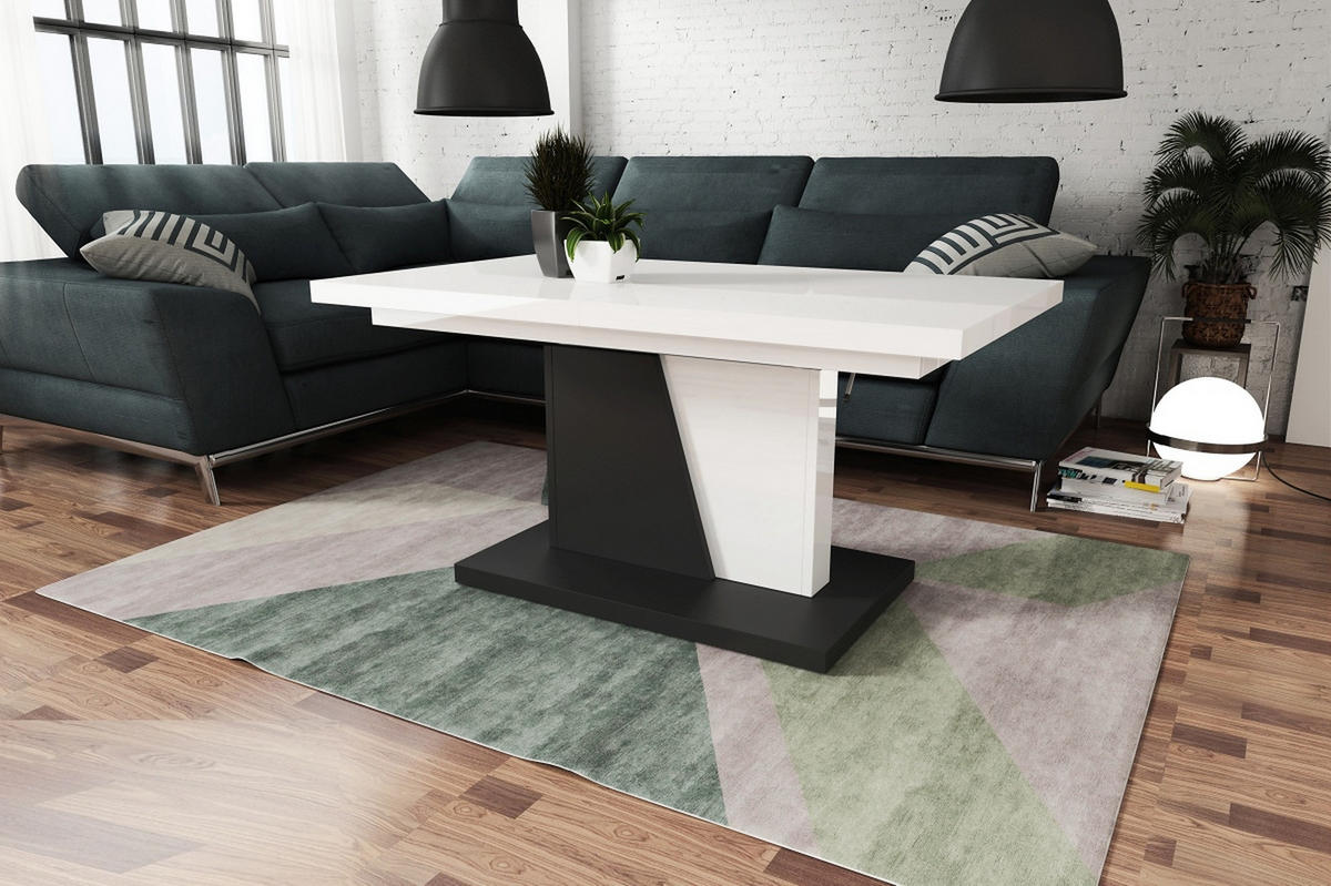 COUCHTISCH rechteckig Weiß Hochglanz - Schwarz matt ausziehbar höhenverstellbar - Weiß Hochglanz/Schwarz, Holzwerkstoff (70/120/60cm) - designimpex