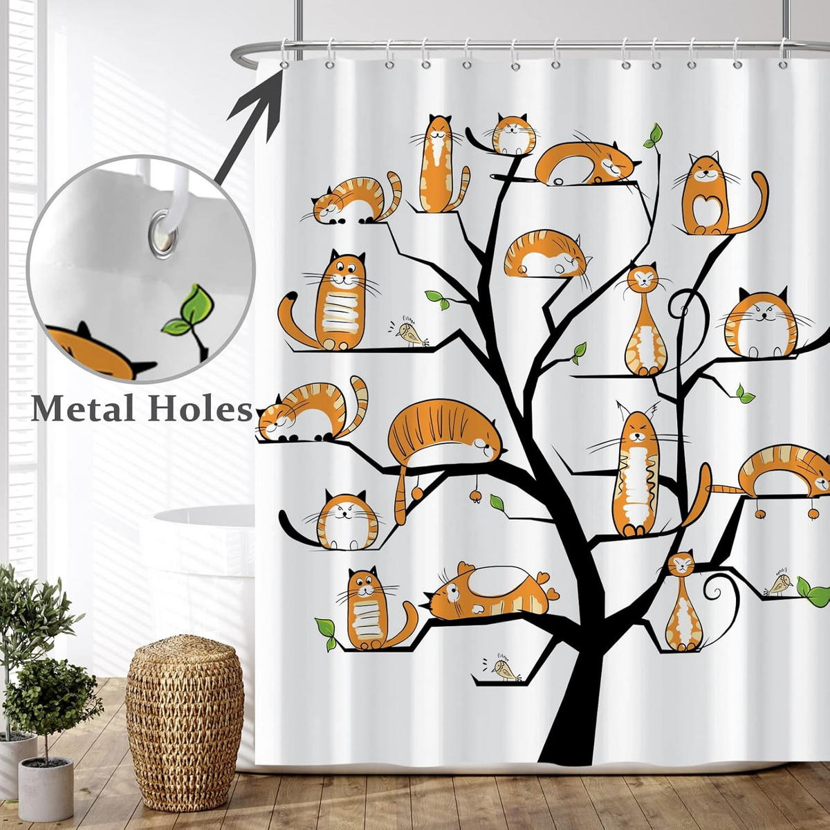 DUSCHVORHANG Orange niedlich Kätzchen Aquarell lustig Tier Set mit Haken - Weiß, Textil (180/1cm) - MCBOSON