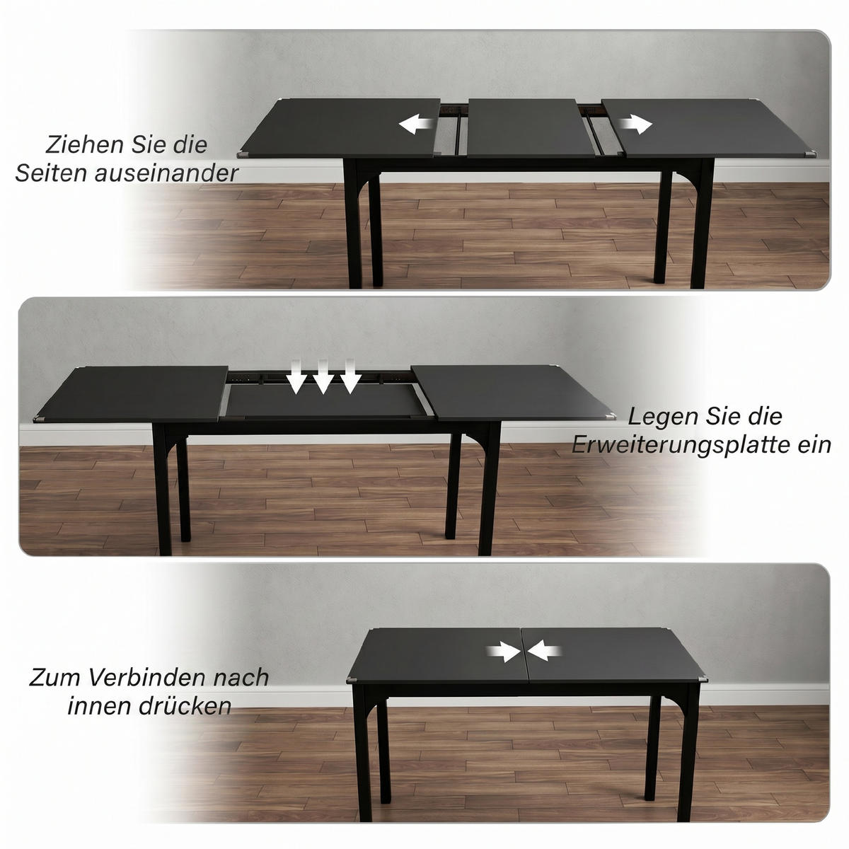 ESSTISCH Schwarz ausziehbar 120-160/70/75 cm - Schwarz, Metall (160/70/75cm) - PANGIVO