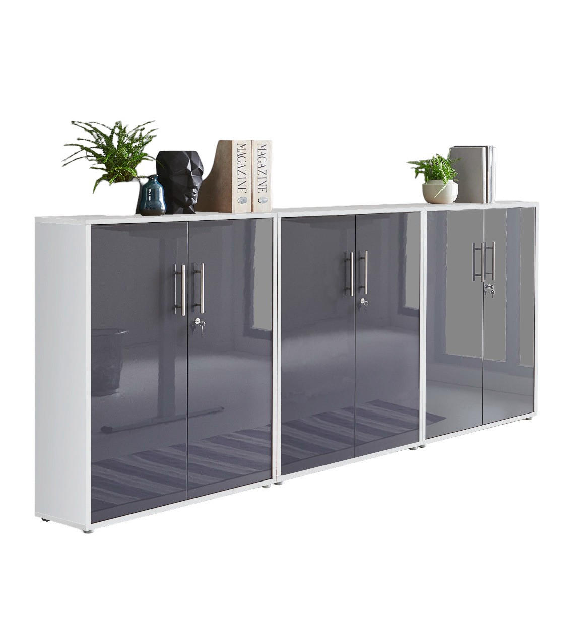 BÜROMÖBELSET 3-tlg. weiß / anthrazit Hochglanz - Anthrazit/Weiß, Holz (253.2/113.6/33cm)