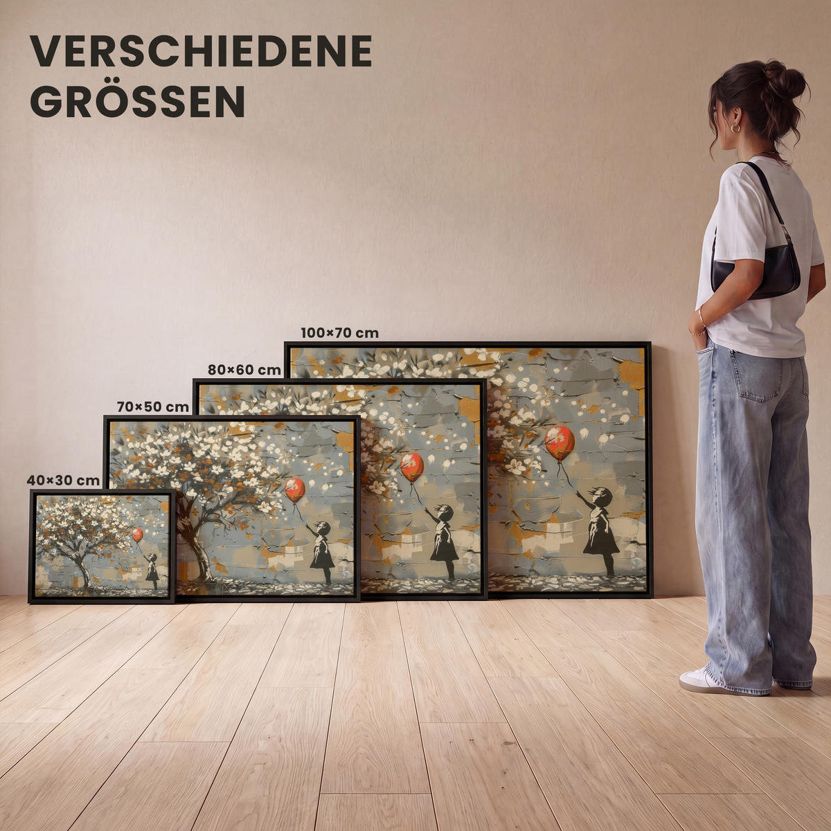 LEINWAND Bilder mit Rahmen - Baum - Graffiti - Banksy-Stil - Ballon-Mädchen - 100x70 - Blaugrau, Textil (100/70cm) - MuchoWow