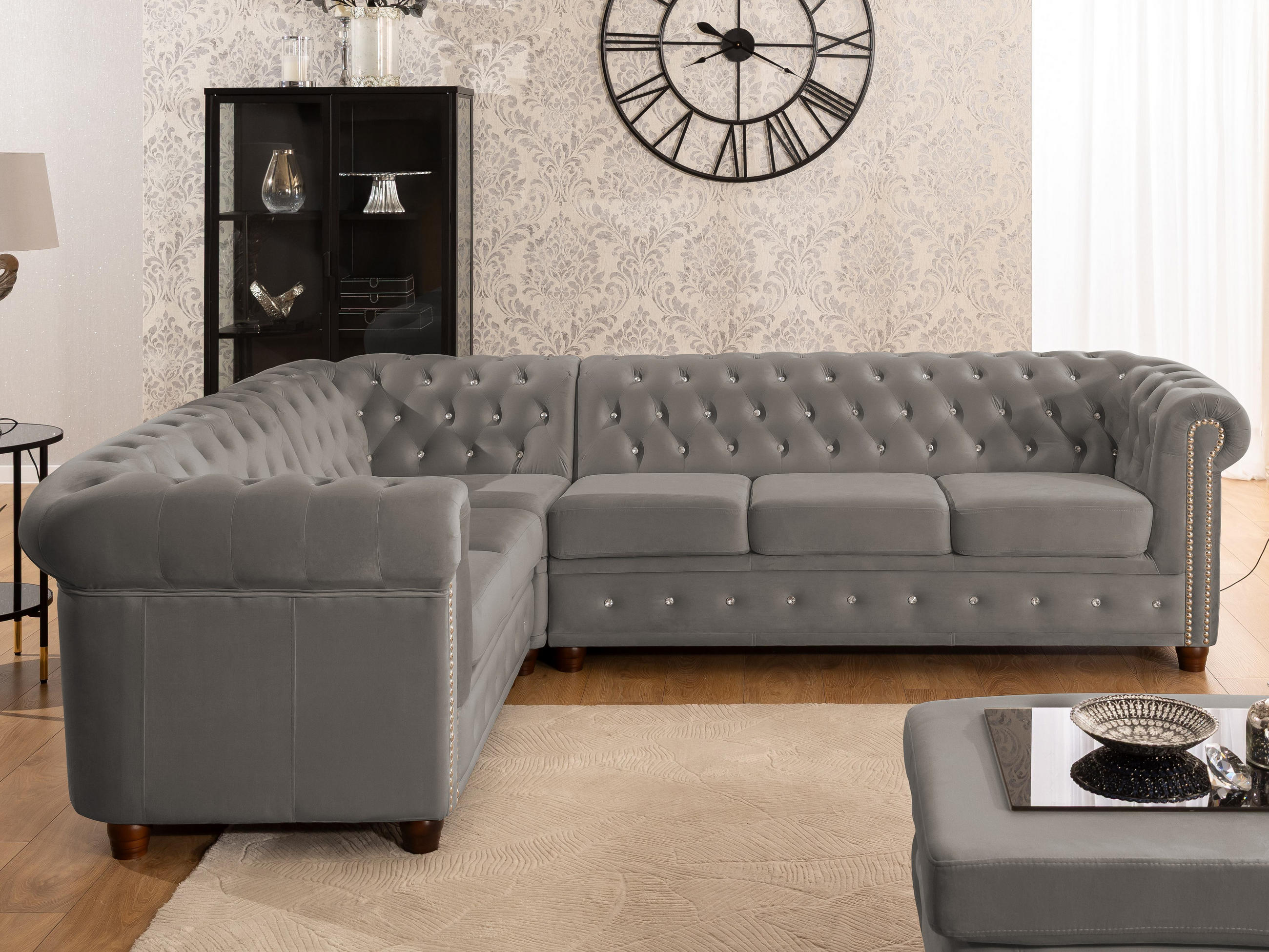 ECKSOFA Chesterfield Cleo Blink Grau Samt mit Kristallsteppung und braunen Massivholzfüßen - Ottomane Links - Braun/Grau, Holz/Textil (264/210cm) - S-Style Möbel