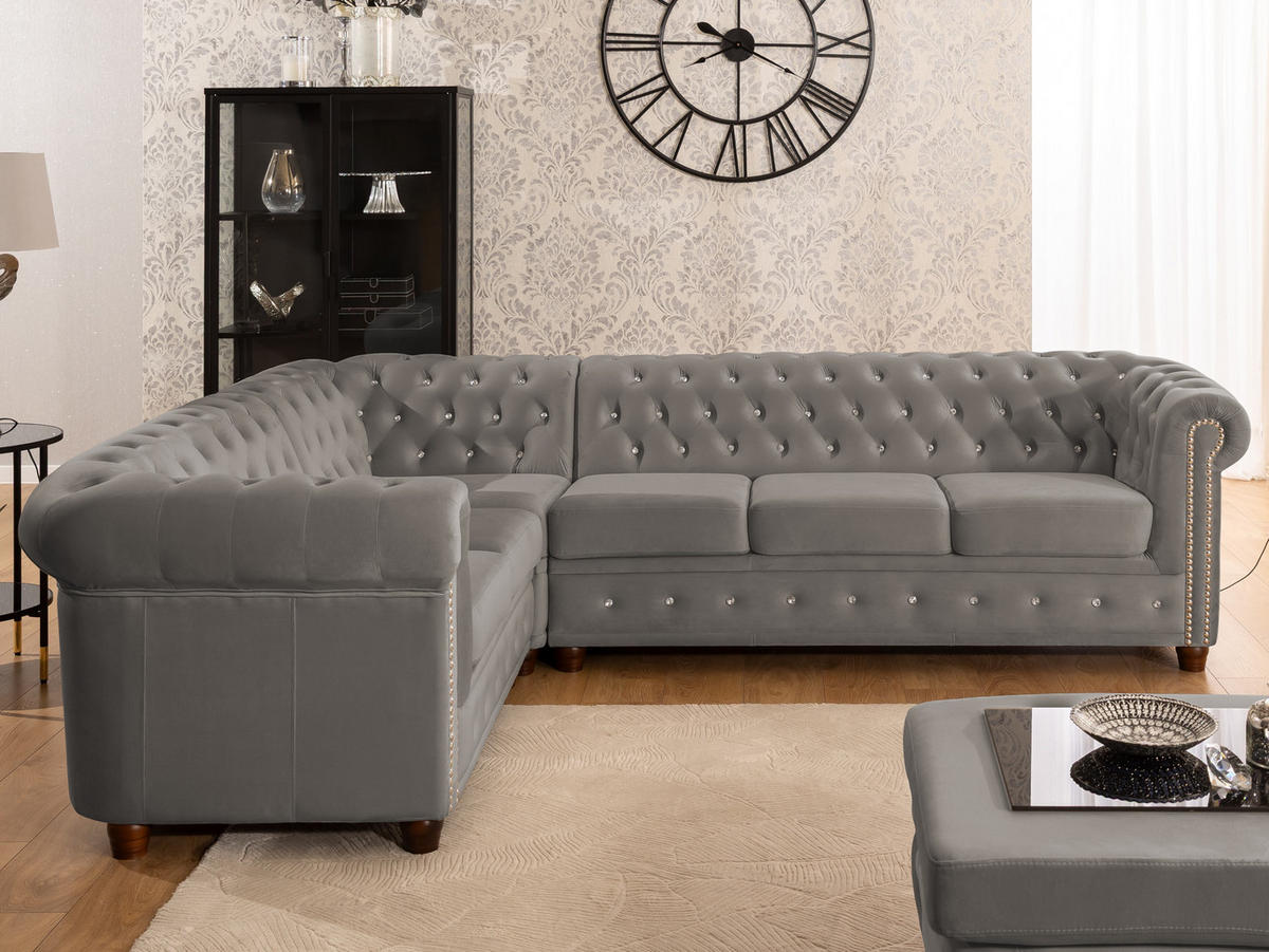ECKSOFA Chesterfield Cleo Blink Grau Samt mit Kristallsteppung und braunen Massivholzfüßen - Ottomane Links - Braun/Grau, Holz/Textil (264/210cm) - S-Style Möbel
