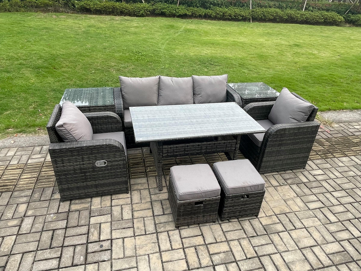 GARTENSET mit 3-Sitzer-Sofa,Hocker,Esstisch Polyrattan 7-Sitzer - Dunkelgrau/Grau, Glas/Kunststoff - Fimous