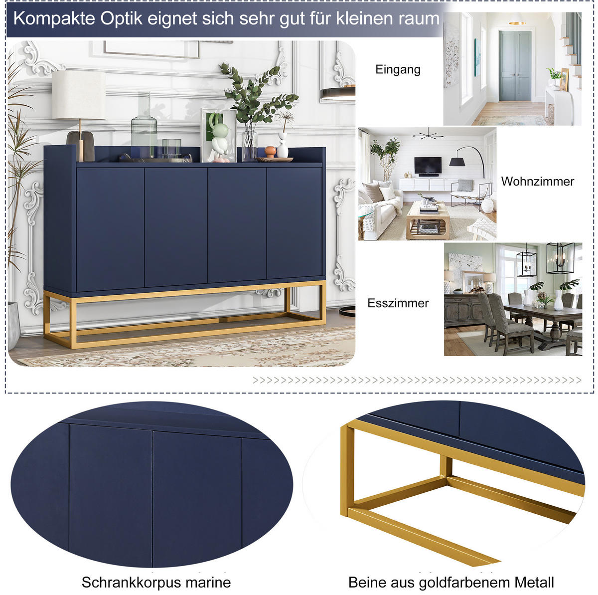 SIDEBOARD 120/30/80 cm in Marineblau, grifflos mit 4 Türen - Dunkelblau, Holzwerkstoff (120/80/30cm) - BEAOK