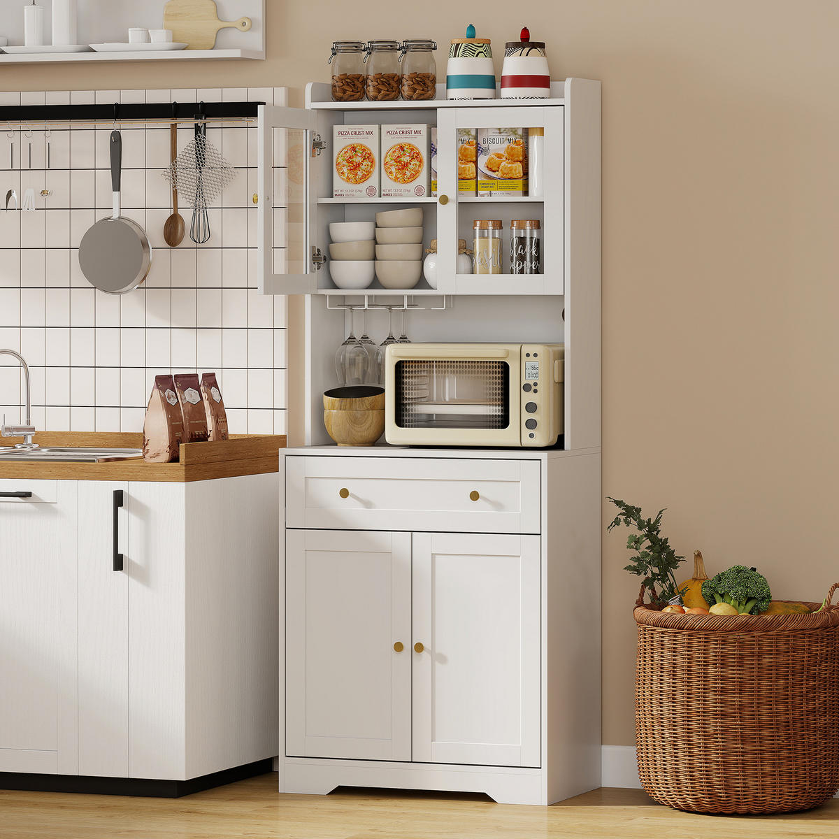 KÜCHENSCHRANK Buffetschrank mit Arbeitsplatte verstellbaren Regalen Türen Weiß - Goldfarben/Weiß, Holzwerkstoff/Metall (38/170/68cm) - HOMCOM