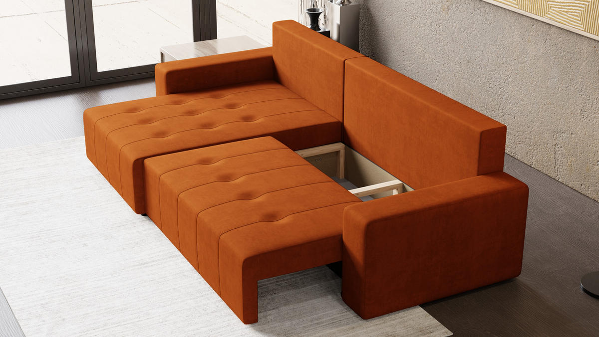 ECKSOFA Tico mit Bettkasten und Schlaffunktion, L-Form/XL-Form, Velourstoff, Universal - Rostfarben, Holzwerkstoff (276/145cm) - 4ALL HOME