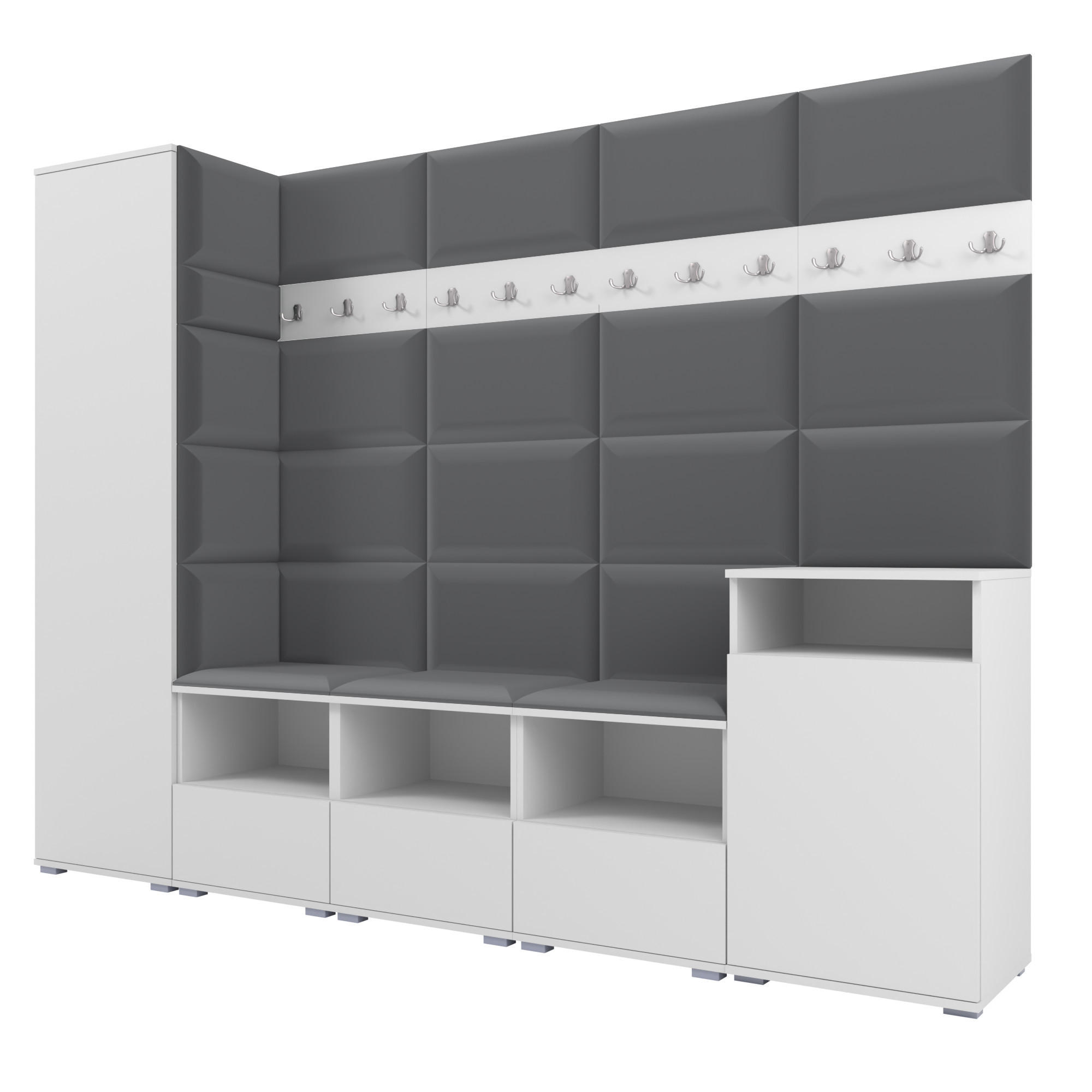 GARDEROBE NELA XI 250 cm (Modulare Flurmöbel Weiß mit Sitzpolster Dunkelgrau 15 Großes Set) - Dunkelgrau/Silberfarben, Holz/Holzwerkstoff (250/187/40cm) - Ravio