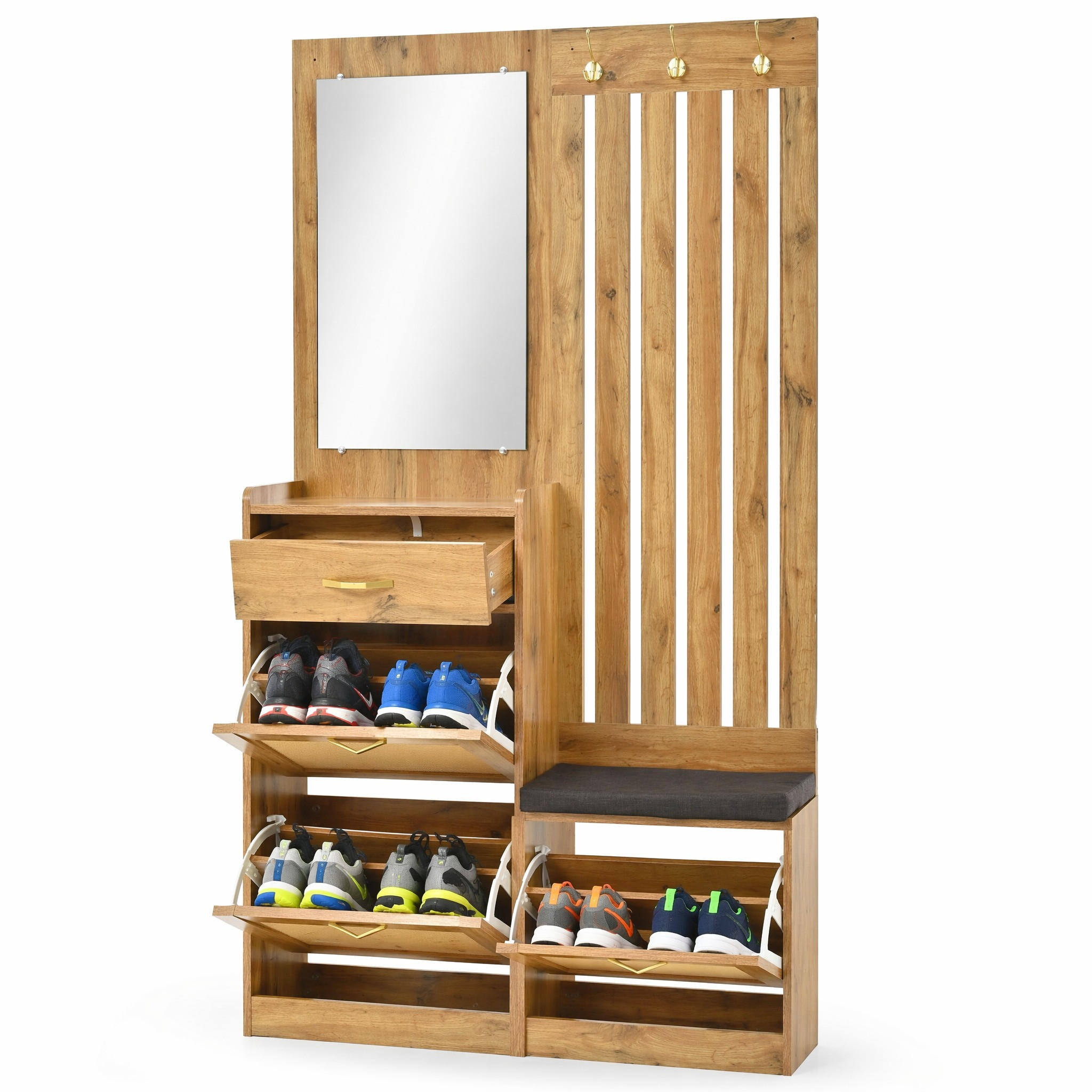 GARDEROBE-SET in Naturfarben Schuhschrank mit Spiegel , Sitzbank, Schuhschrank, Haken und Wandmontage , B99.5/T26/H180cm - Naturfarben, Glas/Holzwerkstoff (99.5/180/26cm) - STILVORA
