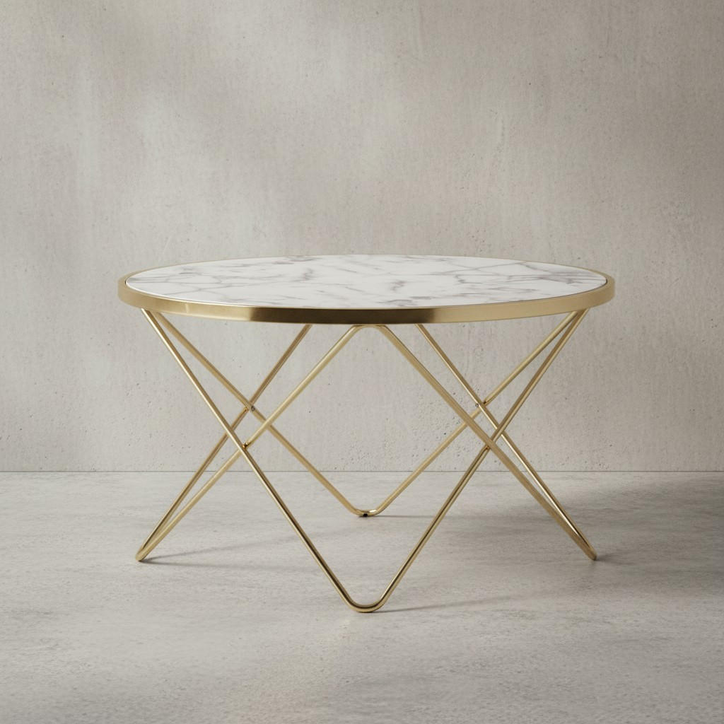 COUCHTISCH in Marmor-Optik mit filigranem Metallgestell in Gold - Goldfarben, Holz/Metall (85/85/49cm) - KADIMA DESIGN